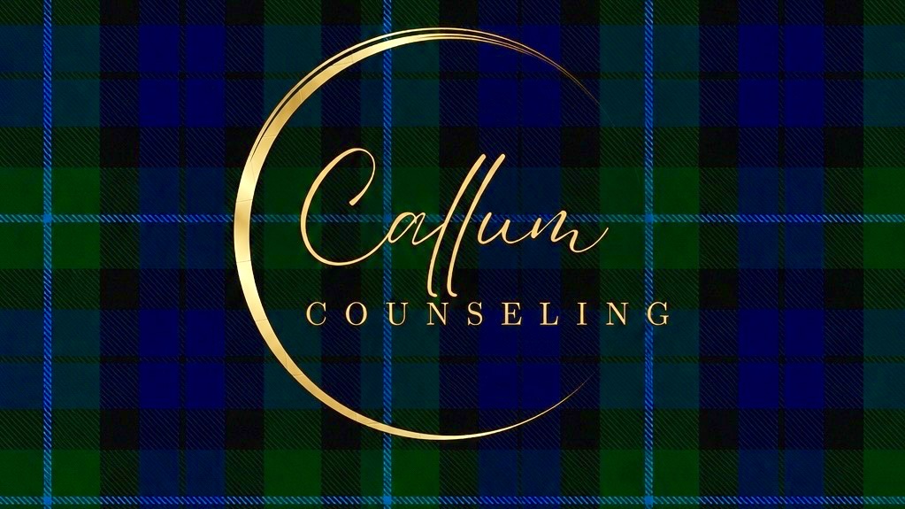 Gold circular logo for Callum Counselling with cursive 'Callum' and 'COUNSELLING' on a green-blue tartan background